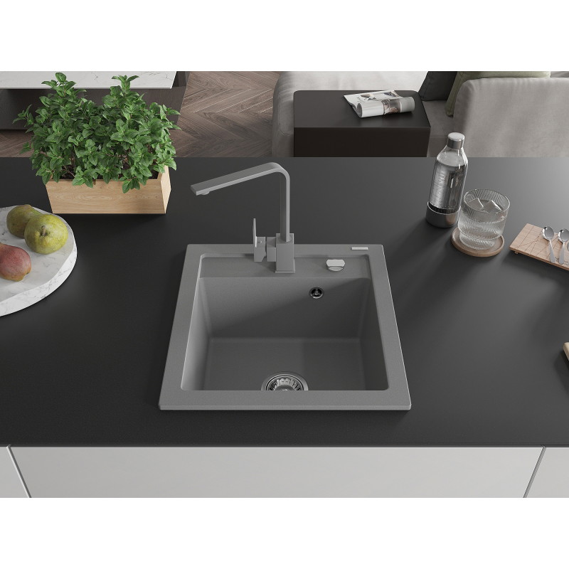 Mexen Vito granite 1-bowl kitchen sink with Rita faucet, gray - 6503-71-670300-71