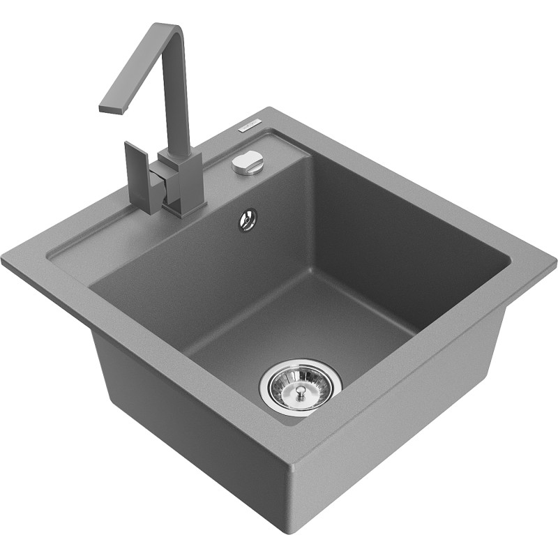 Mexen Vito granite kitchen sink with 1-bowl and Rita kitchen faucet, grey - 6503-71-670300-71