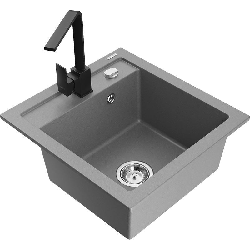 Mexen Vito 1-bowl granite sink with Rita kitchen tap, grey - 6503-71-670300-70