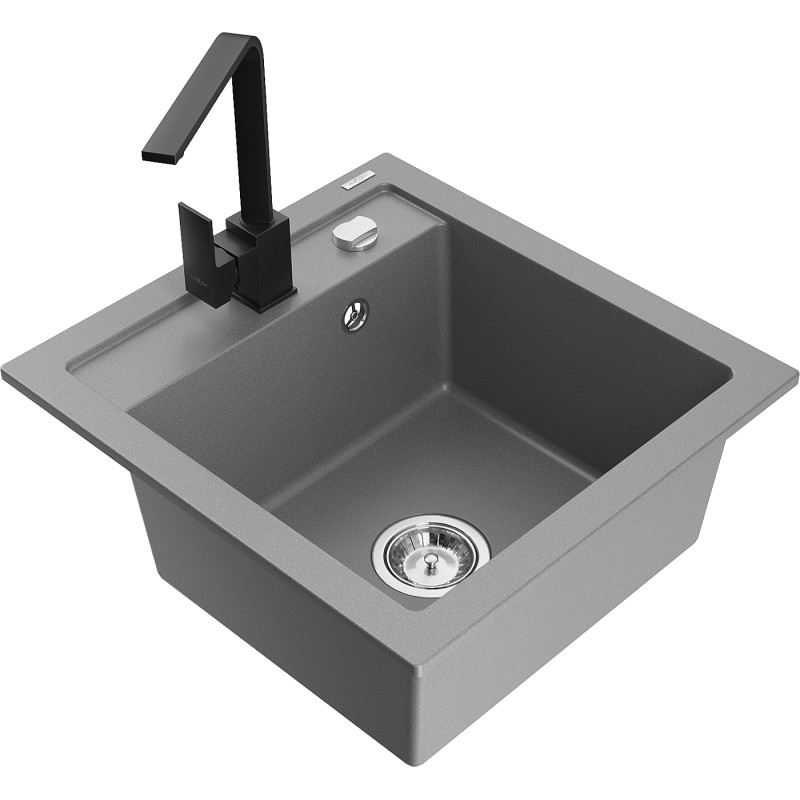 Mexen Vito granite kitchen sink 1-bowl with Rita kitchen faucet, gray - 6503-71-670300-70