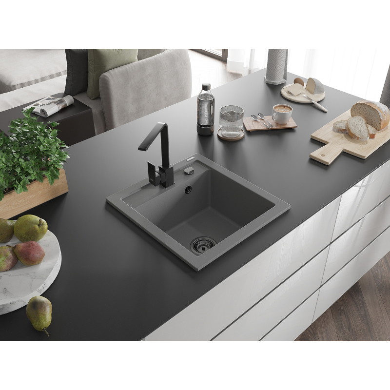 Mexen Vito granite kitchen sink 1-bowl with Rita kitchen faucet, gray - 6503-71-670300-70-B