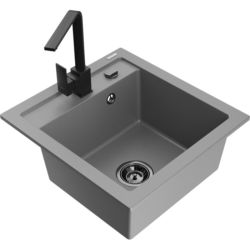 Mexen Vito granite sink 1-bowl with Rita kitchen faucet, gray - 6503-71-670300-70-B