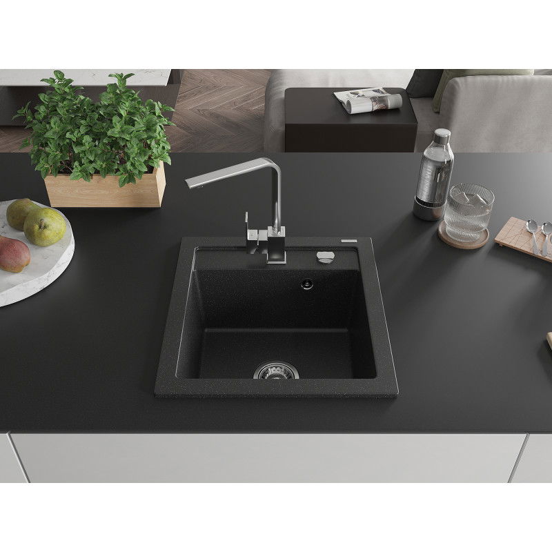 Mexen Vito granite single-bowl sink with Rita kitchen tap, black/silver metallic - 6503-73-670300-00
