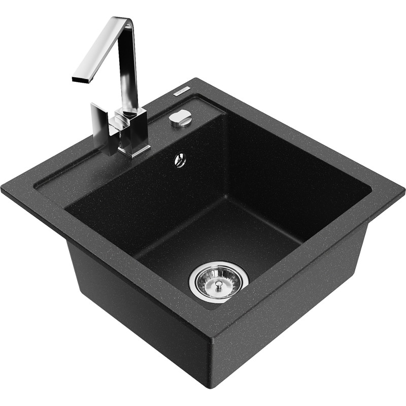 Mexen Vito 1-bowl granite sink with Rita kitchen faucet, black/silver metallic - 6503-73-670300-00