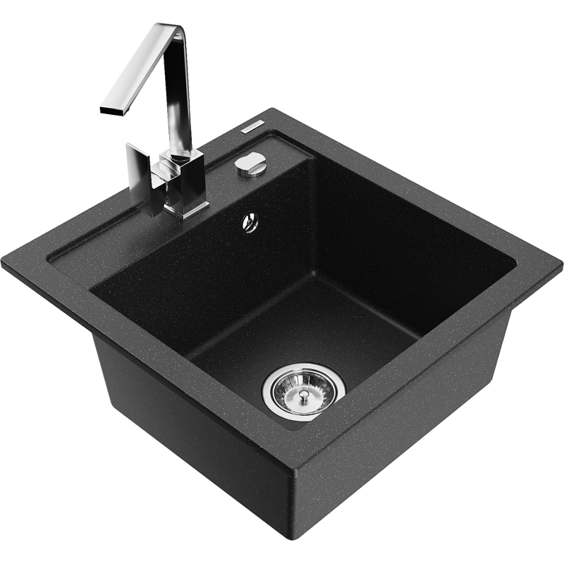 Mexen Vito 1-compartment granite sink with a kitchen mixer tap Rita, Black/Silver metallic - 6503-73-670300-00