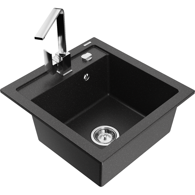 Mexen Vito granite single-bowl sink with Rita kitchen tap, black/silver metallic - 6503-73-670300-00