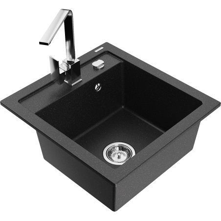 Mexen Vito granite single-bowl sink with Rita kitchen tap, black/silver metallic - 6503-73-670300-00