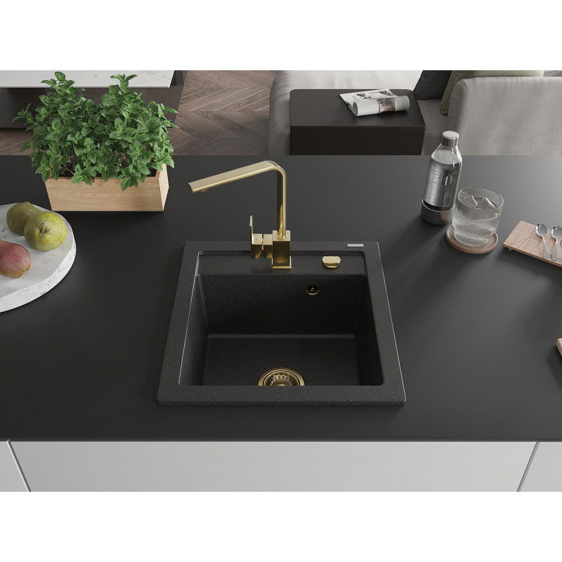 Mexen Vito 1-bowl granite sink with Rita kitchen tap, black/silver metallic - 6503-73-670300-50