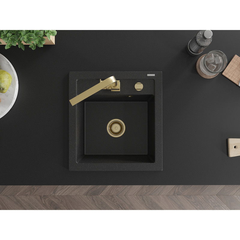 Mexen Vito 1-bowl granite sink with Rita kitchen tap, black/silver metallic - 6503-73-670300-50