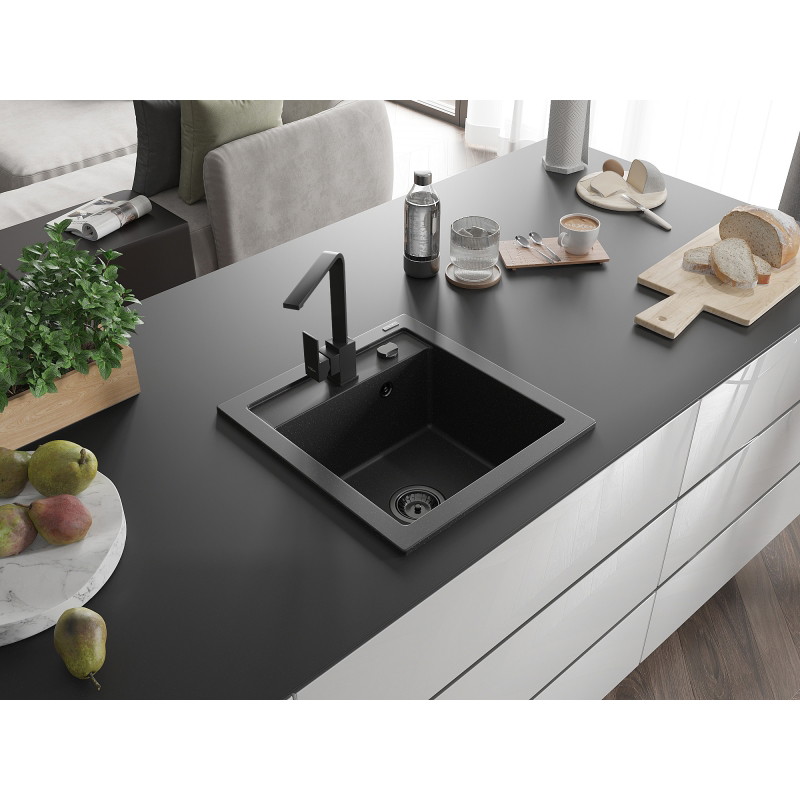 Mexen Vito granite kitchen sink 1-bowl with Rita kitchen faucet, black/silver metallic - 6503-73-670300-70-B