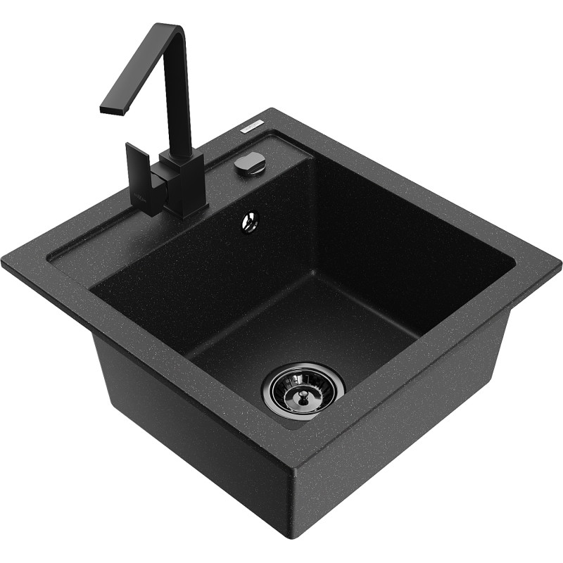 Mexen Vito granite kitchen sink, single-bowl with Rita kitchen faucet, black/silver metallic - 6503-73-670300-70-B
