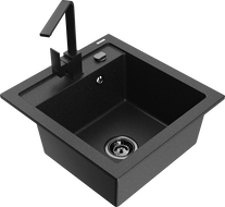 Mexen Vito granite kitchen sink, single-bowl with Rita kitchen faucet, black/silver metallic - 6503-73-670300-70-B