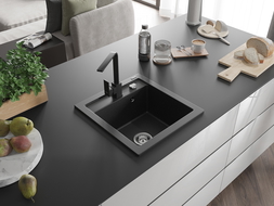 Mexen Vito 1-bowl granite sink with Rita kitchen tap, black/silver metallic - 6503-73-670300-70