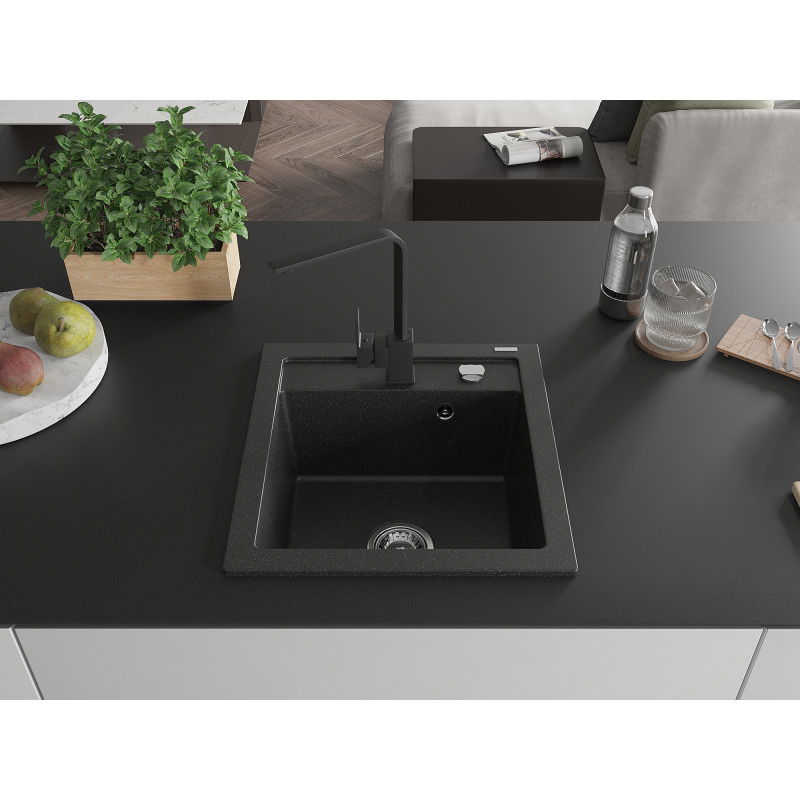 Mexen Vito 1-bowl granite sink with Rita kitchen tap, black/silver metallic - 6503-73-670300-70