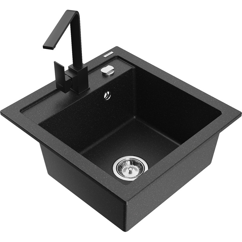 Mexen Vito granite kitchen sink 1-bowl with Rita kitchen faucet, black/silver metallic - 6503-73-670300-70