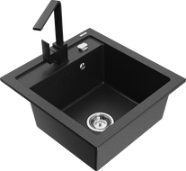 Mexen Vito 1-bowl granite sink with Rita kitchen faucet, black/silver metallic - 6503-73-670300-70