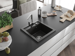 Mexen Vito 1-bowl granite sink with Rita kitchen tap, black/gold metallic - 6503-75-670300-00