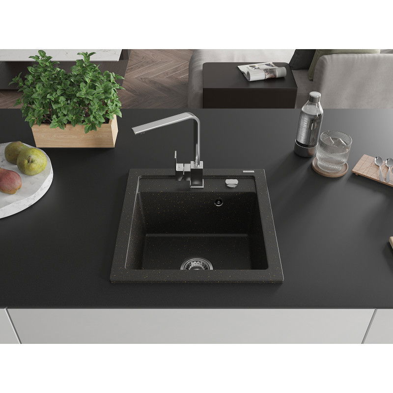 Mexen Vito 1-bowl granite sink with Rita kitchen tap, black/gold metallic - 6503-75-670300-00