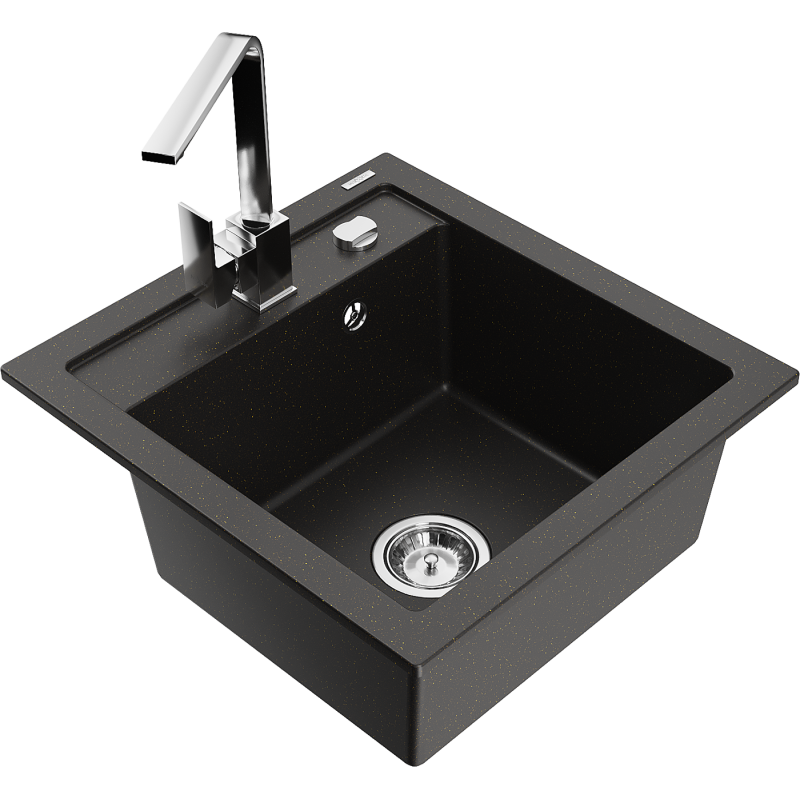 Mexen Vito 1-bowl granite sink with Rita kitchen tap, black/gold metallic - 6503-75-670300-00