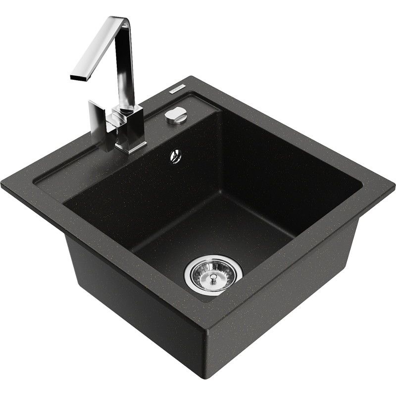 Mexen Vito granite sink 1-bowl with Rita kitchen faucet, black/gold metallic - 6503-75-670300-00