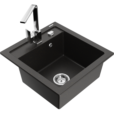 Mexen Vito granite sink 1-bowl with Rita kitchen faucet, black/gold metallic - 6503-75-670300-00