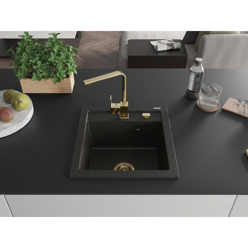 Mexen Vito 1-bowl granite sink with Rita kitchen faucet, black/golden metallic - 6503-75-670300-50