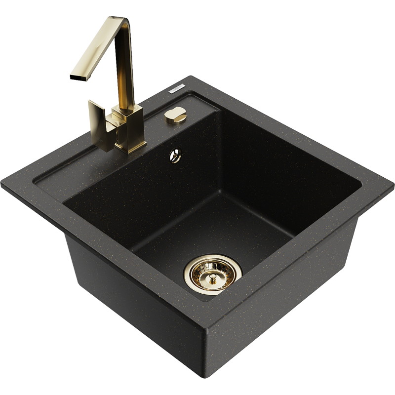 Mexen Vito 1-bowl granite sink with Rita kitchen faucet, black/golden metallic - 6503-75-670300-50