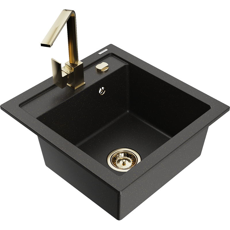 Mexen Vito 1-compartment granite sink with a kitchen mixer tap Rita, Black/Gold metallic - 6503-75-670300-50
