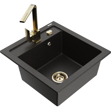 Mexen Vito granite kitchen sink 1-bowl with Rita kitchen faucet, black/gold metallic - 6503-75-670300-50