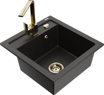Mexen Vito 1-bowl granite sink with Rita kitchen tap, black/gold metallic - 6503-75-670300-50