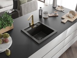 Mexen Vito 1-bowl granite sink with Rita kitchen tap, black/gold metallic - 6503-75-670300-50-B