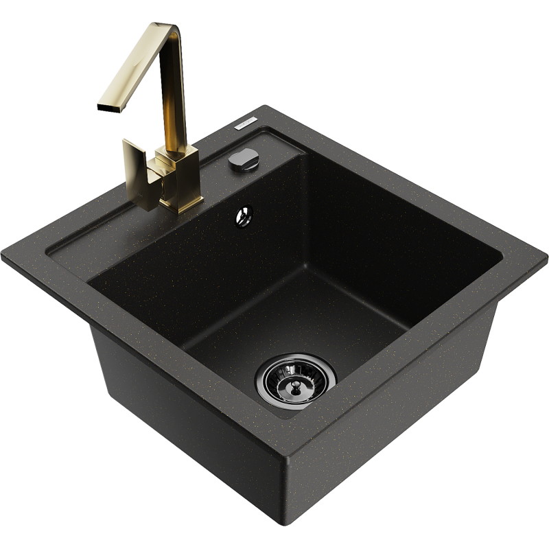 Mexen Vito 1-bowl granite sink with Rita kitchen faucet, black/gold metallic - 6503-75-670300-50-B