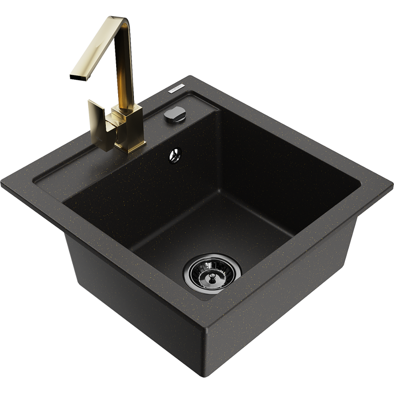Mexen Vito 1-bowl granite sink with Rita kitchen tap, black/gold metallic - 6503-75-670300-50-B