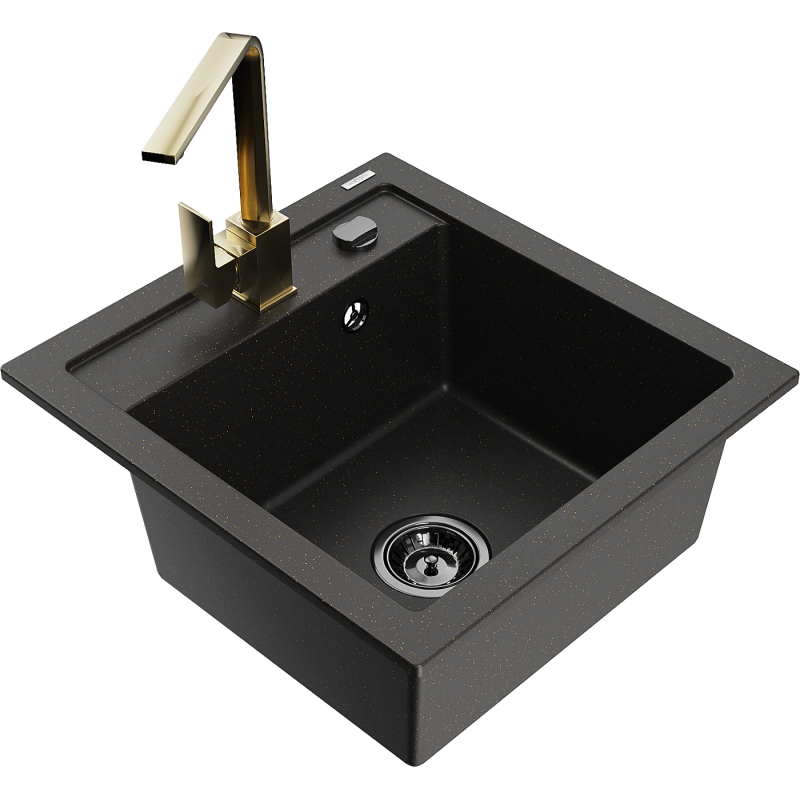 Mexen Vito 1-compartment granite sink with a kitchen mixer tap Rita, Black/Gold metallic - 6503-75-670300-50-B