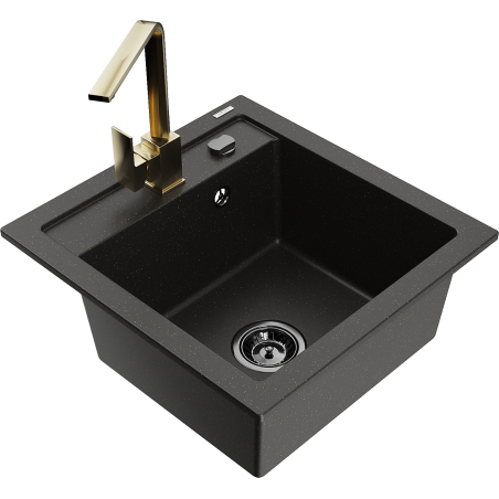 Mexen Vito 1-bowl granite sink with Rita kitchen faucet, black/gold metallic - 6503-75-670300-50-B