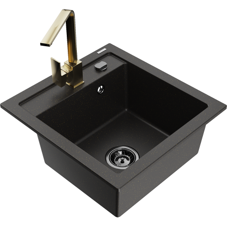 Mexen Vito 1-bowl granite sink with Rita kitchen tap, black/gold metallic - 6503-75-670300-50-B