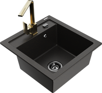 Mexen Vito 1-bowl granite sink with Rita kitchen tap, black/gold metallic - 6503-75-670300-50-B