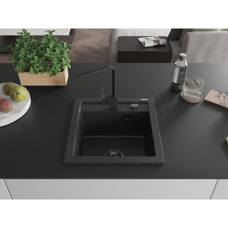 Mexen Vito 1-bowl granite sink with Rita kitchen tap, black/gold metallic - 6503-75-670300-70-B