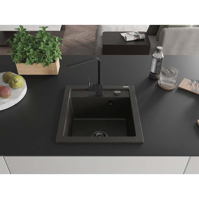 Mexen Vito granite kitchen sink single bowl with Rita kitchen faucet, black/gold metallic - 6503-75-670300-70-B
