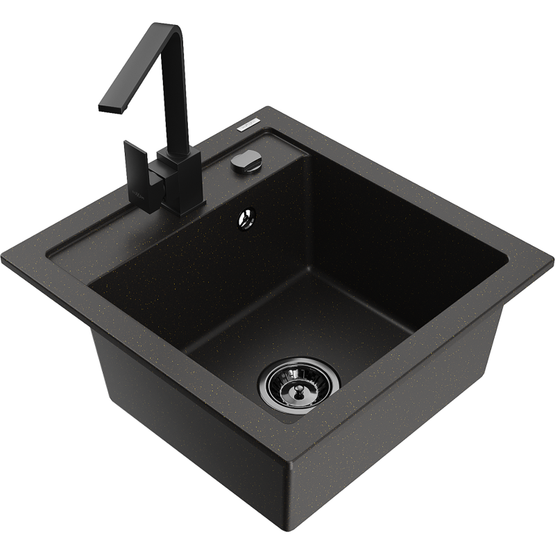 Mexen Vito 1-bowl granite sink with Rita kitchen tap, black/gold metallic - 6503-75-670300-70-B