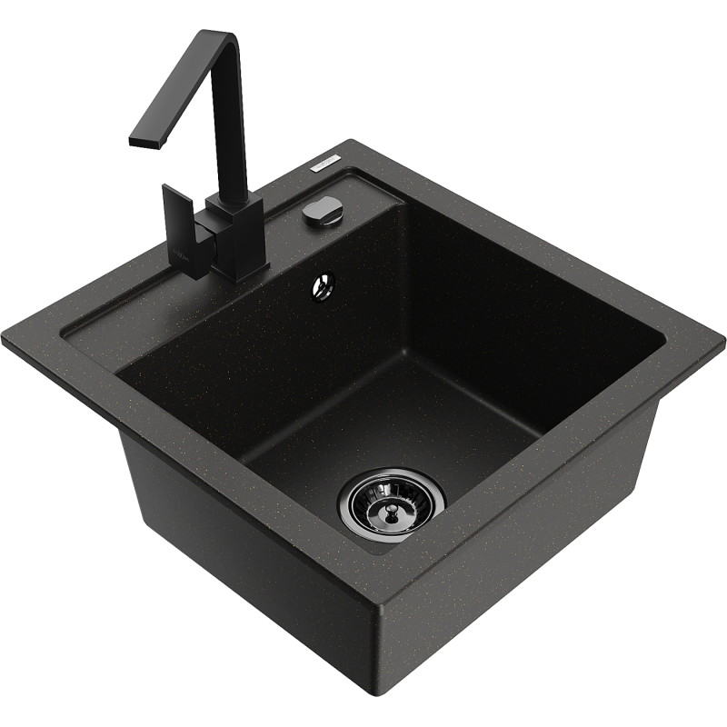 Mexen Vito granite kitchen sink 1-bowl with Rita kitchen faucet, black/gold metallic - 6503-75-670300-70-B
