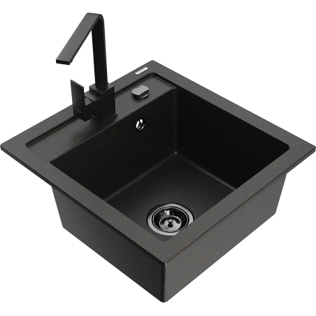 Mexen Vito granite kitchen sink 1-bowl with Rita kitchen faucet, black/gold metallic - 6503-75-670300-70-B