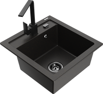 Mexen Vito 1-bowl granite sink with Rita kitchen tap, black/gold metallic - 6503-75-670300-70-B