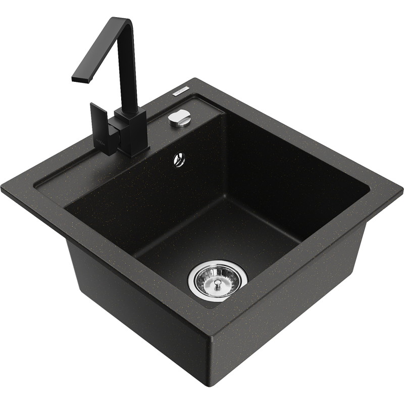 Mexen Vito 1-bowl granite sink with kitchen faucet Rita, black/gold metallic - 6503-75-670300-70