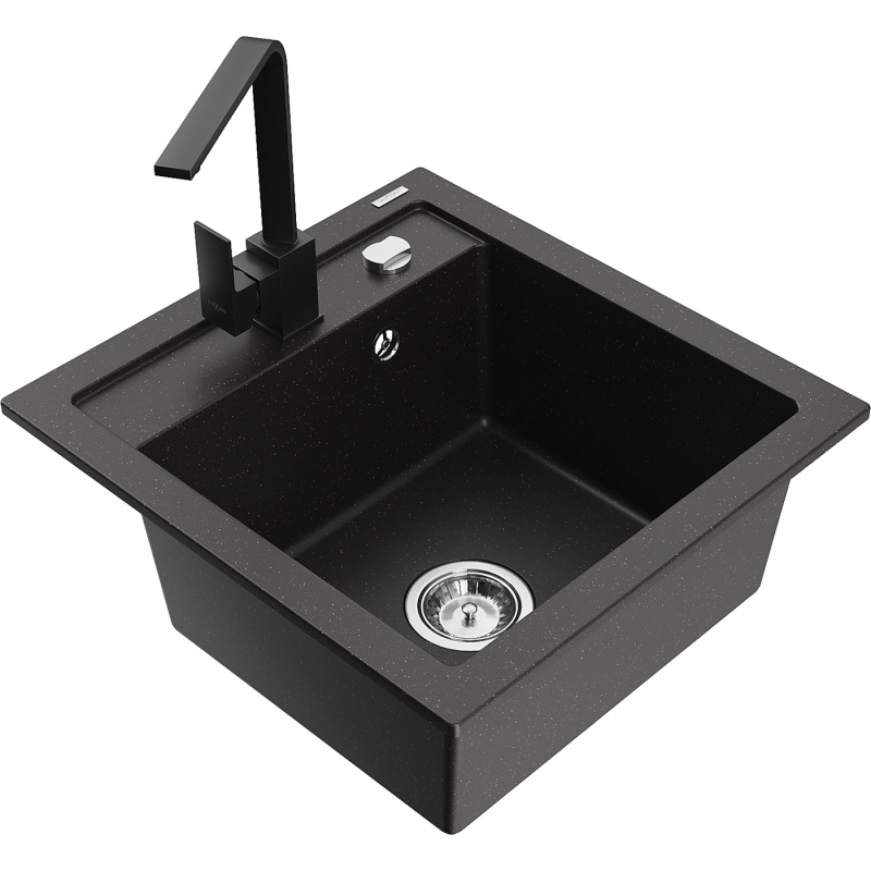 Mexen Vito 1-compartment granite sink with a kitchen mixer tap Rita, Black/Gold metallic - 6503-75-670300-70