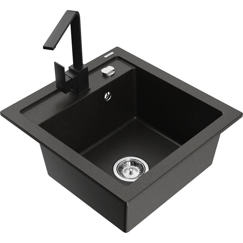 Mexen Vito granite sink single-bowl with Rita kitchen mixer, black/gold metallic - 6503-75-670300-70