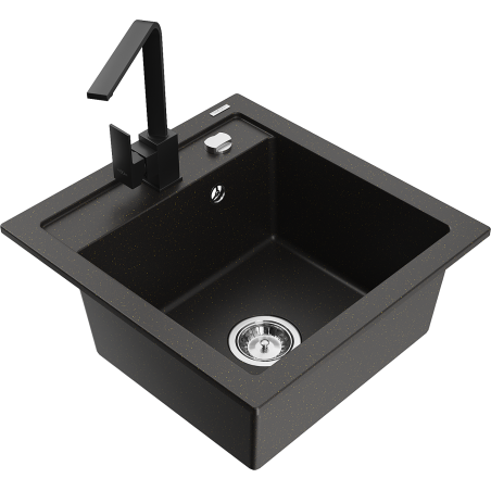 Mexen Vito granite sink single-bowl with Rita kitchen mixer, black/gold metallic - 6503-75-670300-70