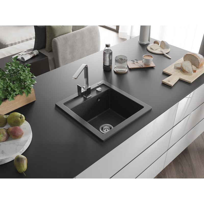 Mexen Vito granite kitchen sink 1-bowl with Rita kitchen faucet, black speckled - 6503-76-670300-00
