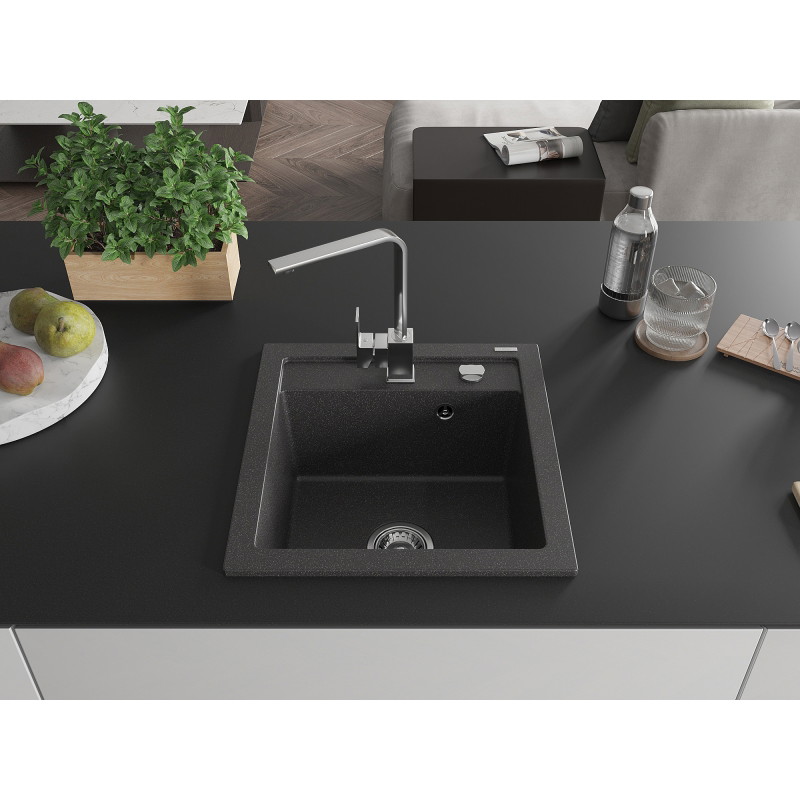 Mexen Vito granite kitchen sink 1-bowl with Rita kitchen faucet, black speckled - 6503-76-670300-00
