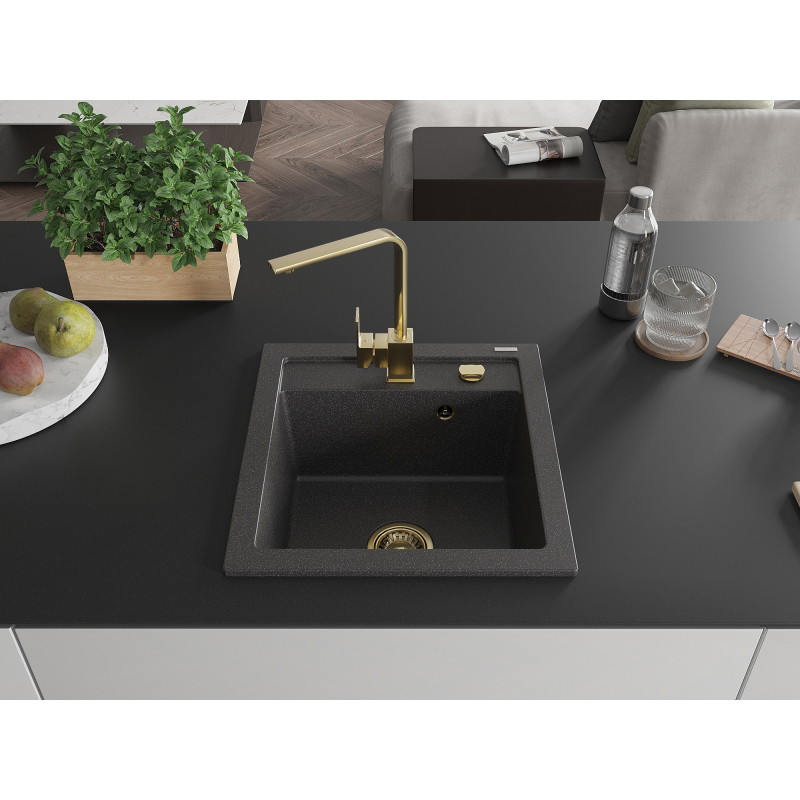 Mexen Vito 1-Bowl Granite Sink with Rita Kitchen Faucet, Black Speckled - 6503-76-670300-50